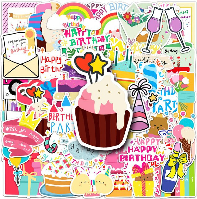 50 Stück Gooka Happy Birthday Graffiti Cartoon Aufkleber, wasserfest und bunt, ideal für Notizbücher, Schreibwaren und Gepäck - Bild 1