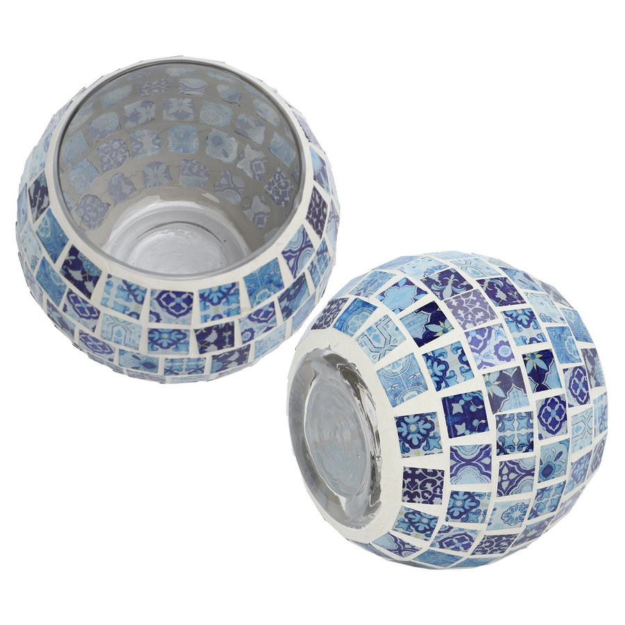 Handgefertigter Teelichthalter von Tooarts aus Glas mit blauem und weißem Mosaik-Blumenmuster - Bild 2
