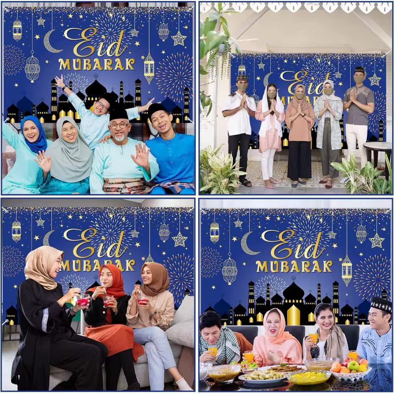 VIKAMA Eid Al Fitr Ramadan Mubarak Hintergrundbanner für deine Partydekoration in Blau mit Mond-Motiv und orientalischem Design - Bild 5