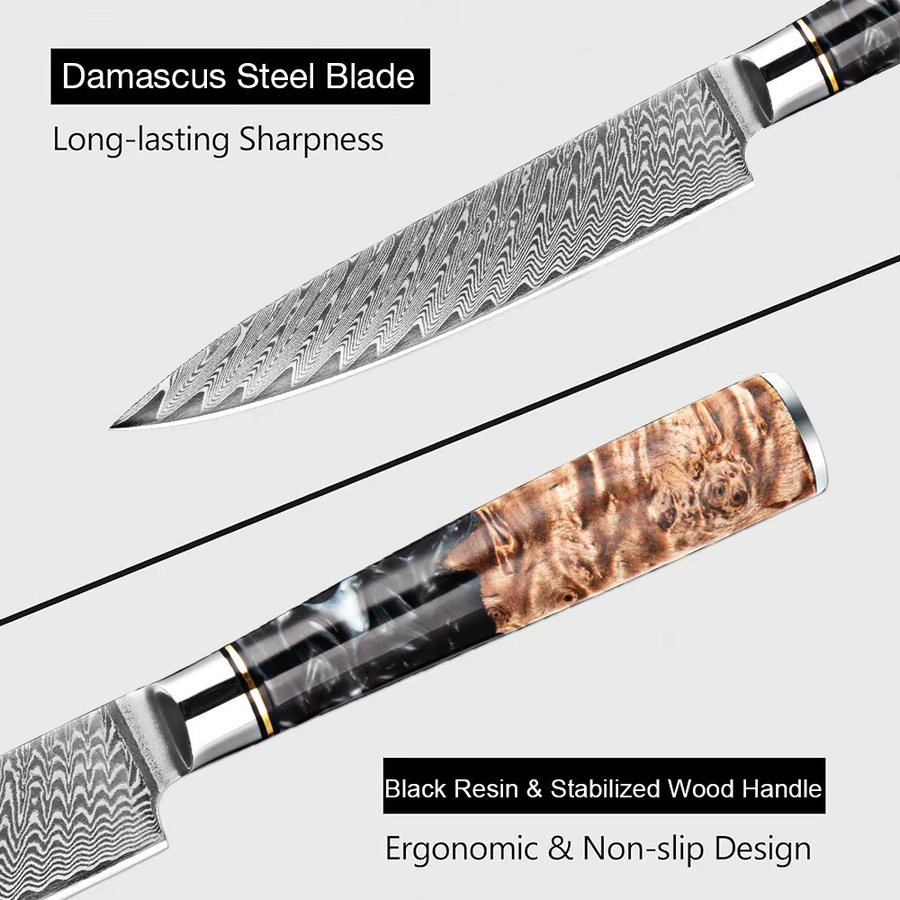Xituo Profi-Küchenmesser aus silberfarbenem VG10-Damaststahl mit ergonomischem Holzgriff, Klingenlänge: 12,7 cm - Bild 3