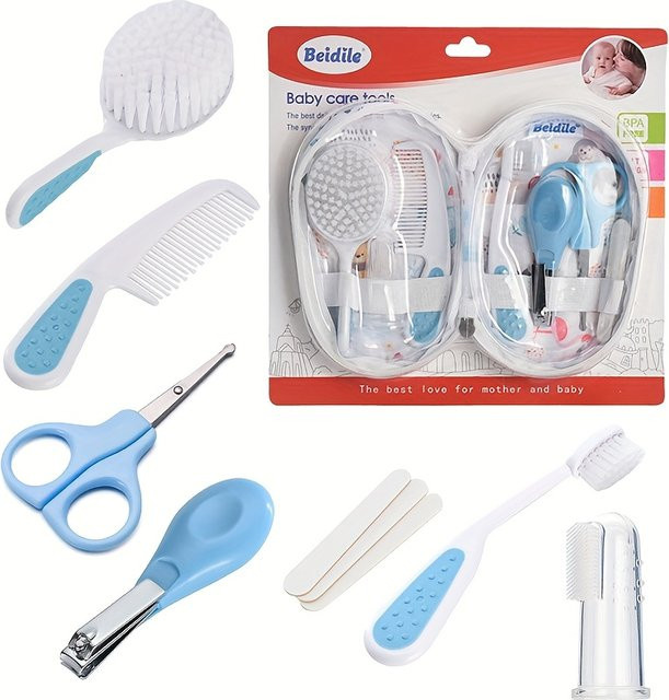 9-teiliges Baby-Pflege- und Hygiene-Set in Pink mit Kamm, Bürste, Fingerzahnbürste, Nagelknipser, Feilen und Schere für Kinder - Bild 1