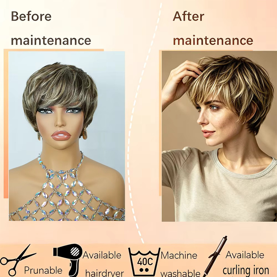 OYM HAIR Damen Kurzhaar Echthaarperücke, Pixie Cut, 100 % Echthaar - Bild 2