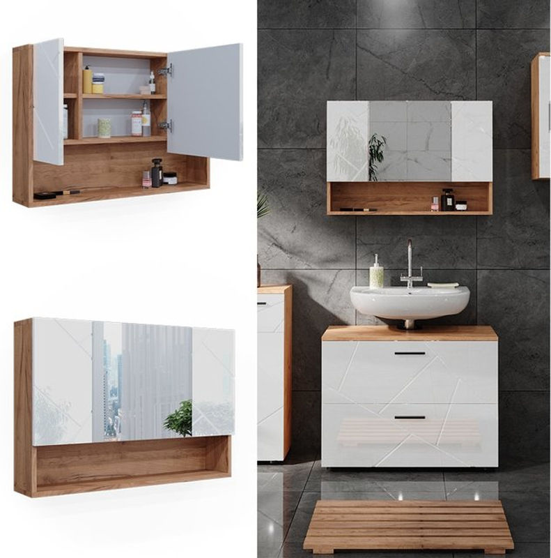 Vicco Spiegelschrank Irma in Eiche und Weiß Hochglanz mit 3 Türen, B/H: 80 x 55 cm - Bild 2