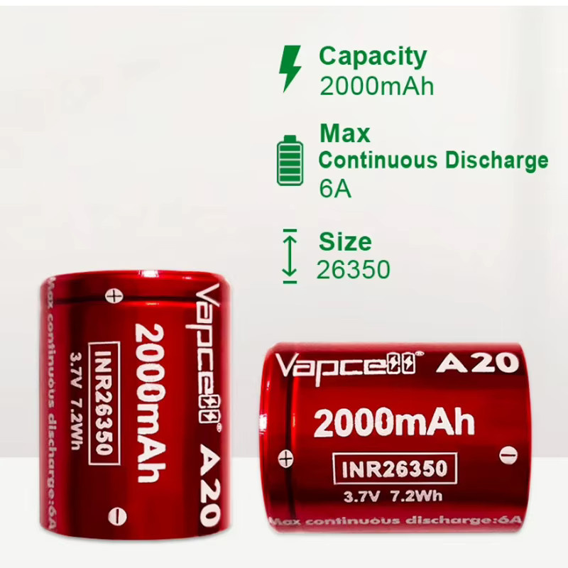 Vapcell A20 INR 26350 Akku, 2000 mAh, 3,7 V, rot, wiederaufladbare Lithium-Ionen-Akkuzelle - Bild 3