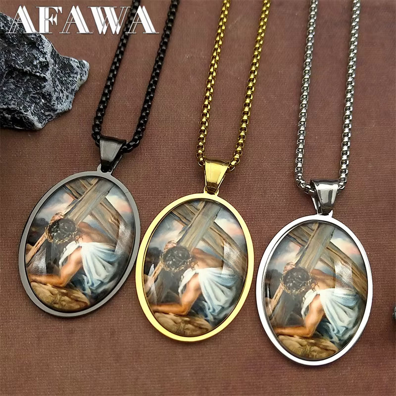 AFAWA Anhänger Halskette, Jesus Kreuz Kruzifix, Edelstahl, Gold, Unisex - Bild 1