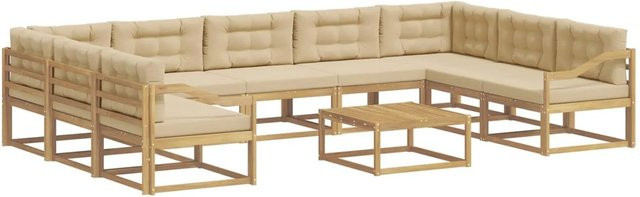 vidaXL Outdoor-Sofagarnitur aus massivem Akazienholz mit 10 Kissen in Weiß, Beige und Braun - Bild 1