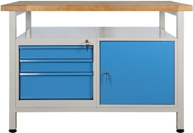 PROREGAL Werkbank Rhino mit Ablagefläche, 3 Schubladen und 1 Tür, H x B x T: 84 x 120 x 60 cm, Traglast 300 kg, Lichtgrau/Lichtblau - Bild 1