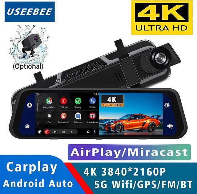 USEEBEE 10 Zoll 4K Dashcam mit Dual-Objektiv, CarPlay und Android Auto, WLAN, GPS, Bluetooth und FM-Transmitter, Video-Fahrtenschreiber in Schwarz - Bild 1