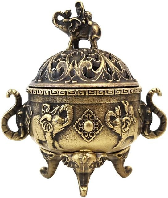 Cool Kids Elefant Glück Räuchergefäß aus Metall in Gold im Antikstil mit Lotus-Design und Griff für Yoga und Meditation - Bild 1