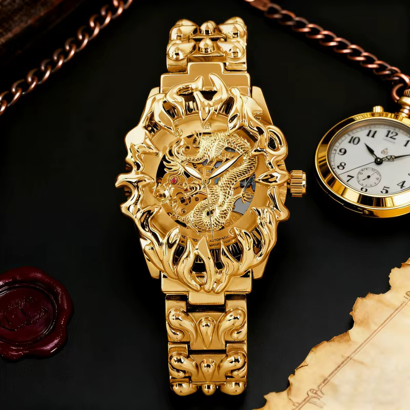 MEIRUIQI Armbanduhr Automatik, Edelstahl, Gold, Herren, Drachenmuster - Bild 3