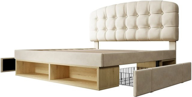 okwish Polsterbett mit Schubladen aus Samt in Beige, B/T/H: 140 x 200 x 103 cm (ohne Matratze) - Bild 1