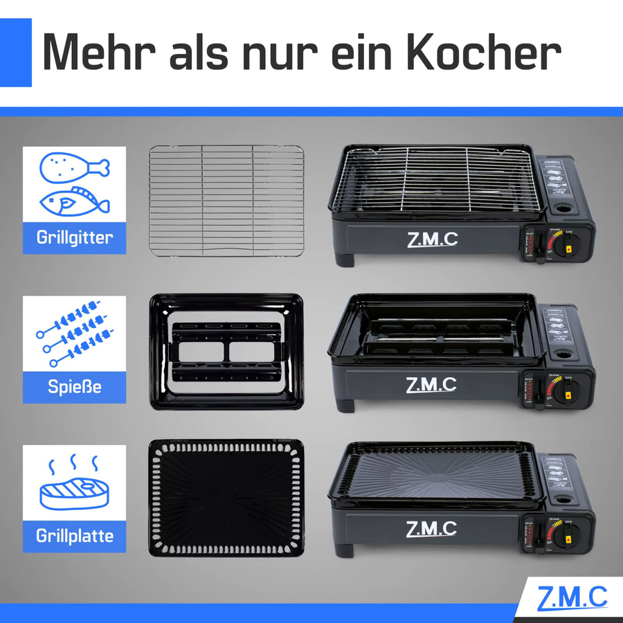 Z.M.C 2-in-1 Campingkocher und Gasgrill mit 2,2 kW Leistung, Piezo-Zündung und LPG-Anschluss, Schwarz, Tragbar mit Koffer - Bild 4