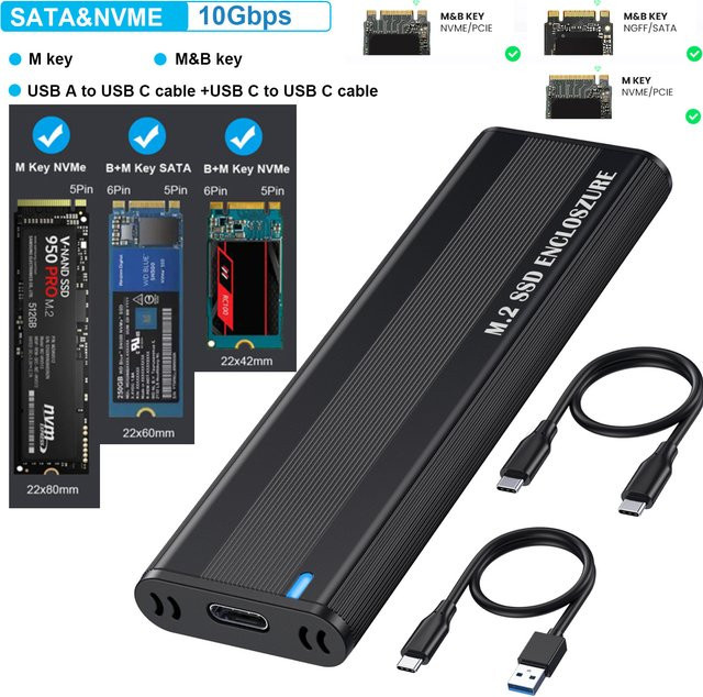 ALLOYSEED M.2 SSD Gehäuse Dual Protocol NVMe/NGFF SATA USB-C 3.1 Adapter, Schwarz - Bild 1