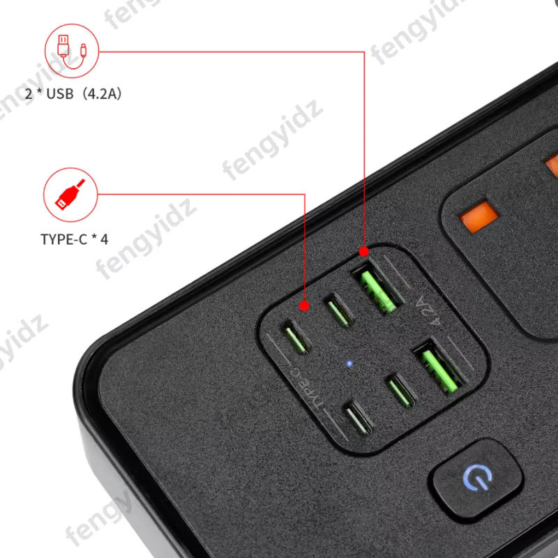 Fengyidz Steckdosenleiste mit UK-Stecker in Weiß, 4 AC-Steckdosen mit unabhängigen Schaltern, USB-Typ-C-Anschluss und Überspannungsschutz, 2 m Kabel - Bild 3