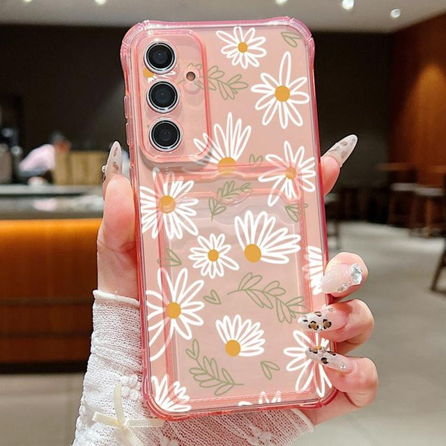 Samsung Handyhülle mit Kartensteckplatz und Cartoon Weiße Blume Design aus TPU für Galaxy A56 A55 A25 A16 A15 A36 5G S25 Edge S24 Ultra S23 S24 FE A14 5G in Weiß und Pink - Bild 1