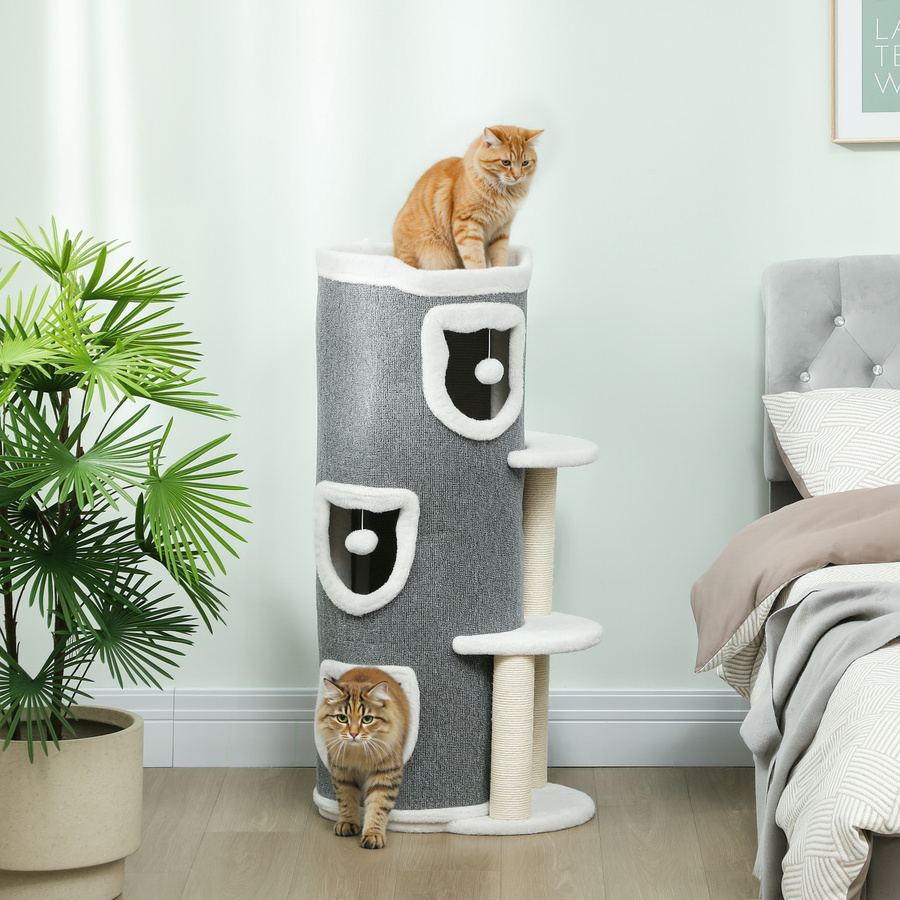 PawHut Kratztonne für Katzen in Grau mit Höhle, Spielball und Sisal-Kratzmöglichkeiten, Höhe: 101 cm - Bild 2