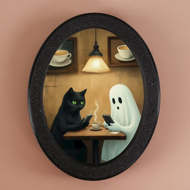 Ovales dekoratives Wandornament Black Cat & Ghost in Schwarz und Multicolour im gotischen Halloween-Stil - Bild 1