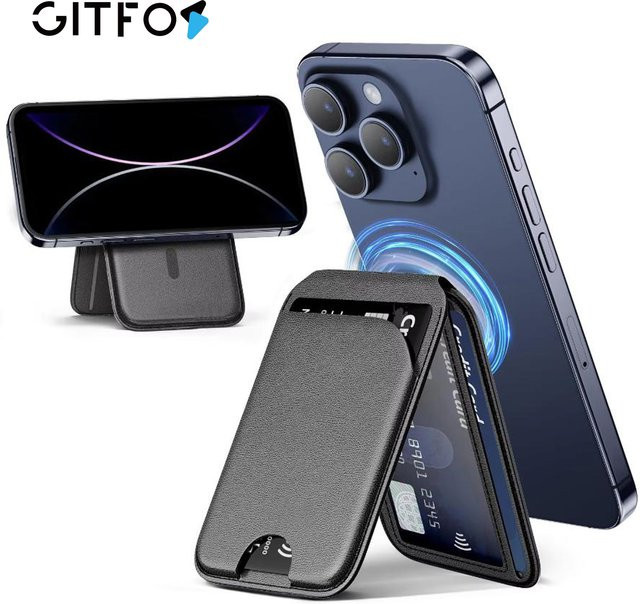 GITFOS Magnetische Handyhülle mit Leder-Kartenhalter und MagSafe Ständer für iPhone 17 16 15 14 in Schwarz oder Lila - Bild 1