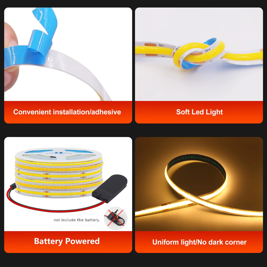 XUNATA COB LED-Streifen batteriebetrieben 5V mit 320 LEDs/m selbstklebend RGB - Bild 5