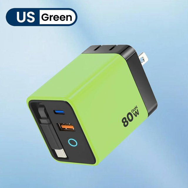 ZJM Mall 80W USB-Typ-C-Ladegerät mit einziehbarem Kabel und PD Schnellladung in Grün für iPhone, Laptop und Macbook mit US-Stecker - Bild 1