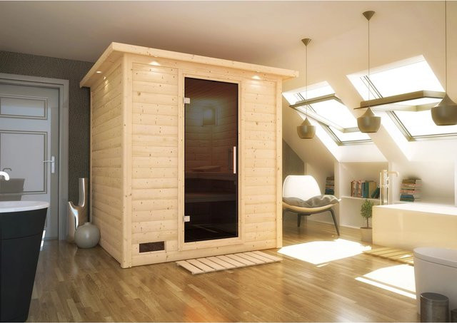 Karibu Massivholzsauna Marika aus Fichte und Espe mit 9,0 kW Ofen, integrierter Steuerung, LED-Dachkranz und Ganzglastür in Graphit, B/T/H: 196 x 196 x 200 cm - Bild 2