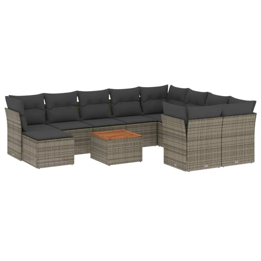 vidaXL 11-tlg Garten-Sofagarnitur in L-Form aus Poly Rattan und Akazienholz mit Kissen, Grau - Bild 2