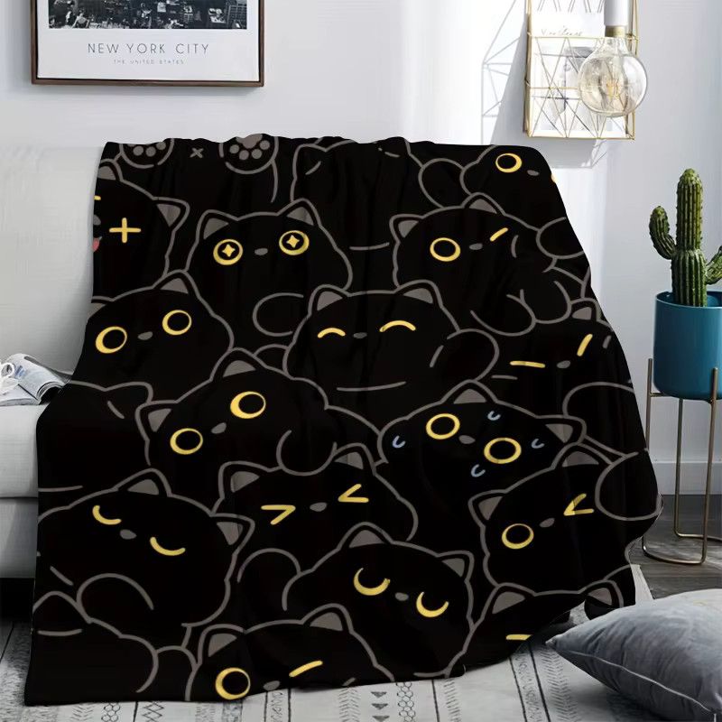 1pcJIT Flanell-Decke mit schwarzem Katzenmuster in Schwarz, maschinenwaschbar - Bild 2