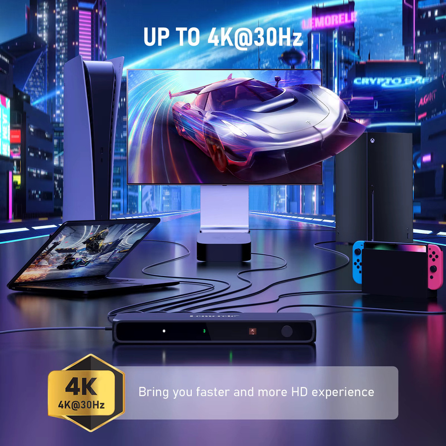 LEMORELE HDMI Switcher 5 In 1 Out Distributor Konverter in Schwarz mit bidirektionaler Umschaltung für 4K @ 30Hz, ideal für Laptop, TV, Projektor und Monitor - Bild 1