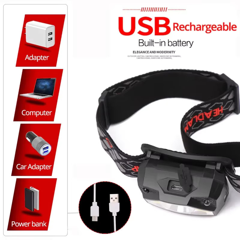 ESMARTER LED Stirnlampe mit Bewegungssensor, USB wiederaufladbar, Wasserdicht, Schwarz - Bild 5