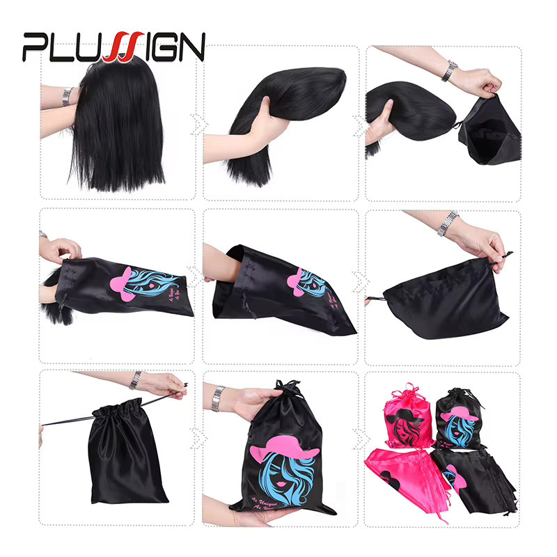plussign Satin-Aufbewahrungsbeutel für Perücken, 25*35cm, Schwarz Rosa - Bild 3