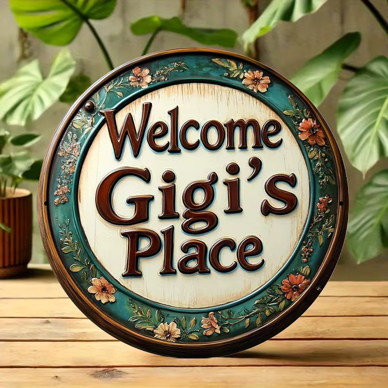 Rundes Aluminiumschild Potdemiel Welcome to Gigi's Place mit floralem Blumenmuster in Cyan und Braun, Wandkunst aus Metall, Durchmesser: 20 cm - Bild 4