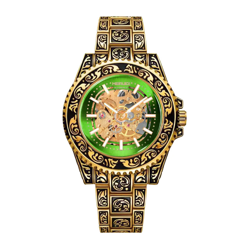 MEIRUIQI Armbanduhr Automatik, Edelstahl, Gold, grünes Zifferblatt, Herren - Bild 5