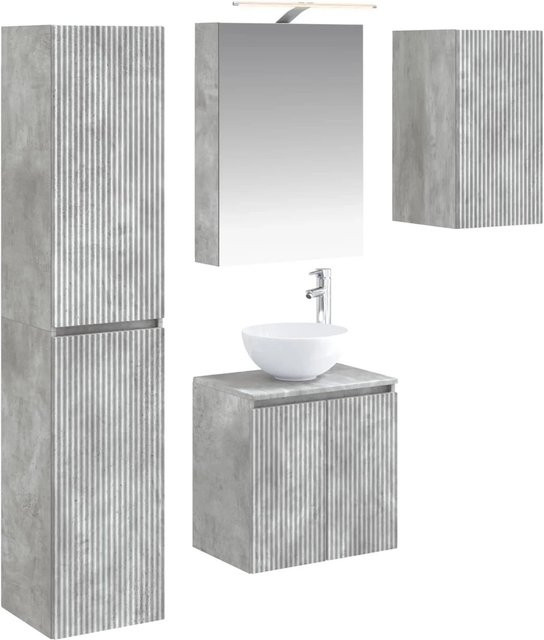 vidaXL Badezimmerschrank-Set in Betongrau, 5-teiliges modernes Set mit Waschtischunterschrank, Spiegelschrank mit LED-Beleuchtung und Wandelementen, B/T/H: 50 x 14,5 x 70 cm - Bild 1