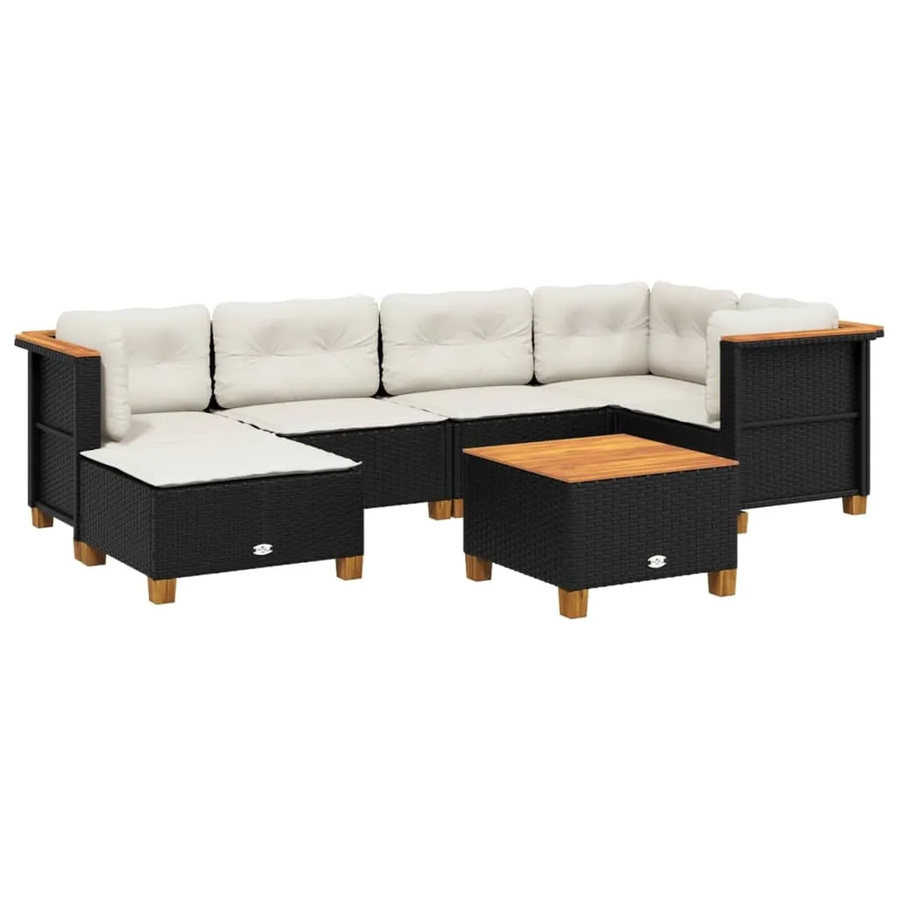 vidaXL 7-tlg Garten-Sofagarnitur in L-Form aus Polyrattan und Akazienholz mit Kissen, Schwarz - Bild 2