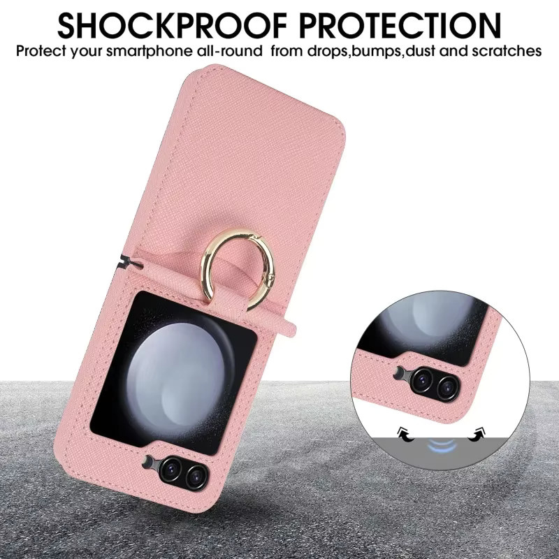 Lederring-Handyhülle für Samsung Galaxy Z Flip 7, 6, 5, 4, 3 mit Kartenhalter und Geldbörse, stoßfeste Abdeckung in Black oder Pink - Bild 3