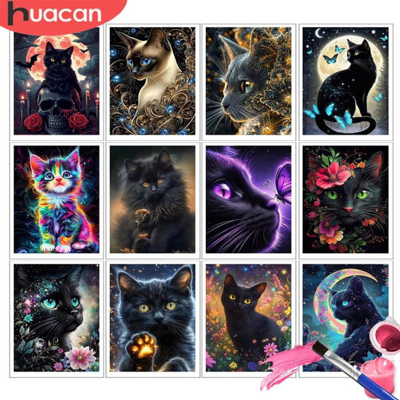 HUACAN Malen nach Zahlen Set mit Katze und Rosenblüten auf Leinwand, Schwarz und Mehrfarbig, Rechteckig - Bild 1