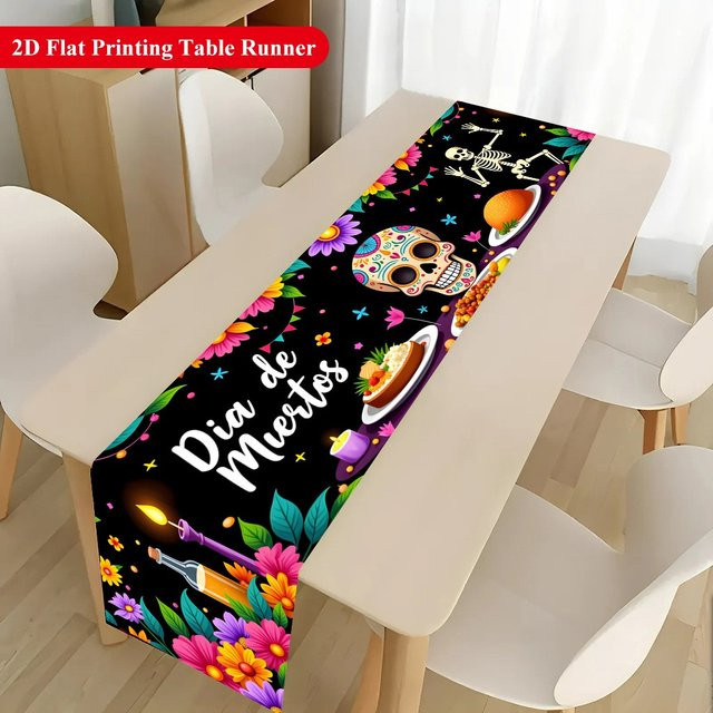 OURFETE Dia De Muertos Tischläufer mit Totenkopf- und Blumendruck in Multicolour, B/H: 180 x 35 cm - Bild 1