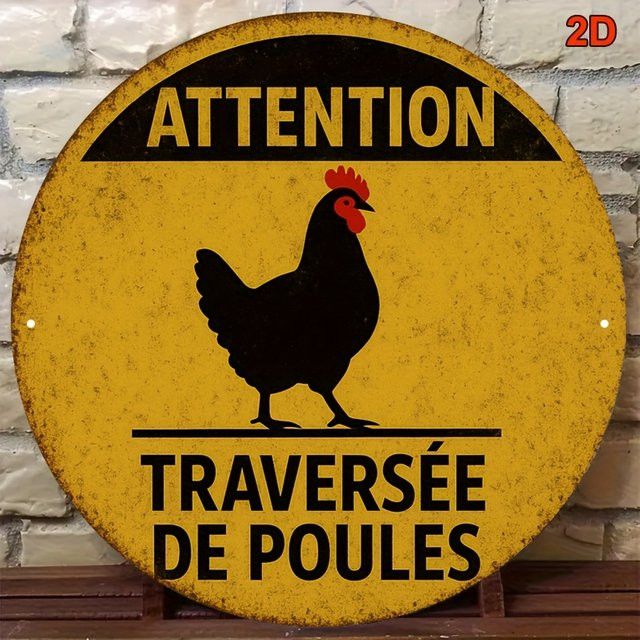 Vintage Hühnerstall-Warnschild Potdemiel Caution When Crossing Poules mit Hahn-Grafik in Rost-Optik - Bild 1