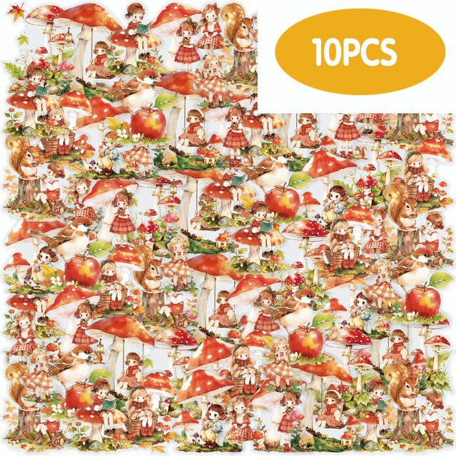 Etori Life Mushroom Castle Aufkleber im Märchenstil, 10 Stück Waldpilz-Mädchen-Aufkleber in Multicolour zur Dekoration von Laptop, Telefon und Raumdeko - Bild 1