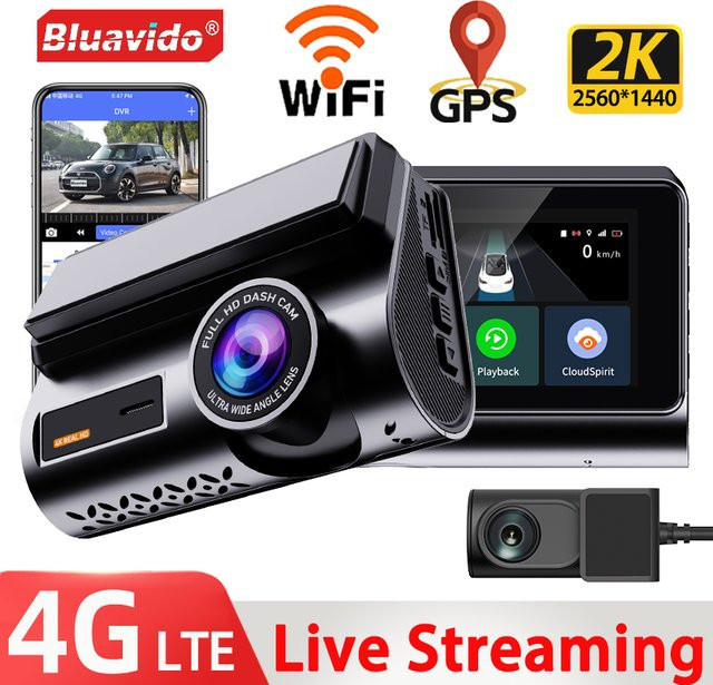 Bluavido 4G Live Streaming Dash Cam mit GPS, 2K Frontkamera und 720P Rückkamera, WiFi, Nachtsicht und 24H Parkmodus, Schwarz - Bild 1