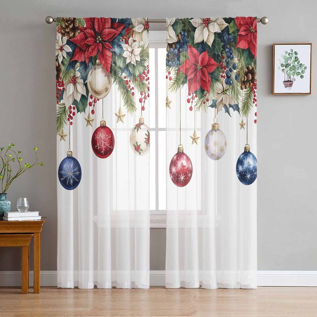 Transparente Tüll Vorhänge mit Schneeflocken und Poinsettie Motiv in Grau, Breite: 135 cm, Höhe: 115 cm - Bild 1