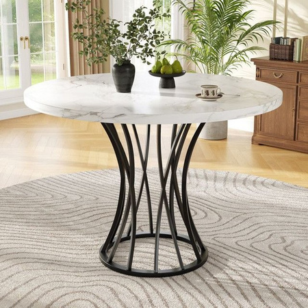 Runder Esstisch MUVOE mit marmorierter MDF-Platte in Schwarz-Weiß und schwarzen Metallbeinen, Durchmesser: 80 cm