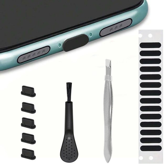 Universelles Reinigungsset in Schwarz für iPhone, Samsung und PC mit Bürste und Staubstecker für USB-C und Lightning Anschlüsse - Bild 1