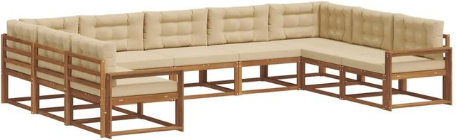vidaXL Outdoor-Sofagarnitur 9-teilig aus Akazienholz in Natur und Beige mit Kissen und Armlehnen - Bild 1