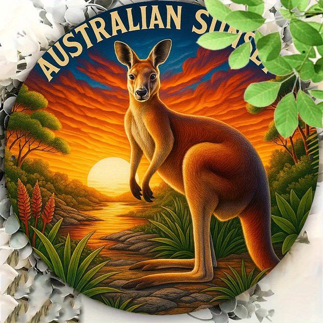 Potdemiel Metallwandkunst Vintage Australischer Sonnenuntergang mit Känguru und Eukalyptus, rundes Aluminiumschild, Durchmesser: 20 cm - Bild 1