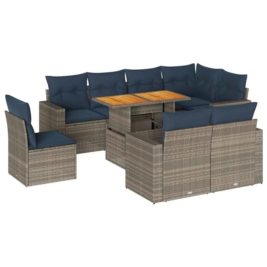 vidaXL 9-teilige Garten-Sofagarnitur aus Poly-Rattan und Akazienholz in Grau mit Kissen - Bild 2