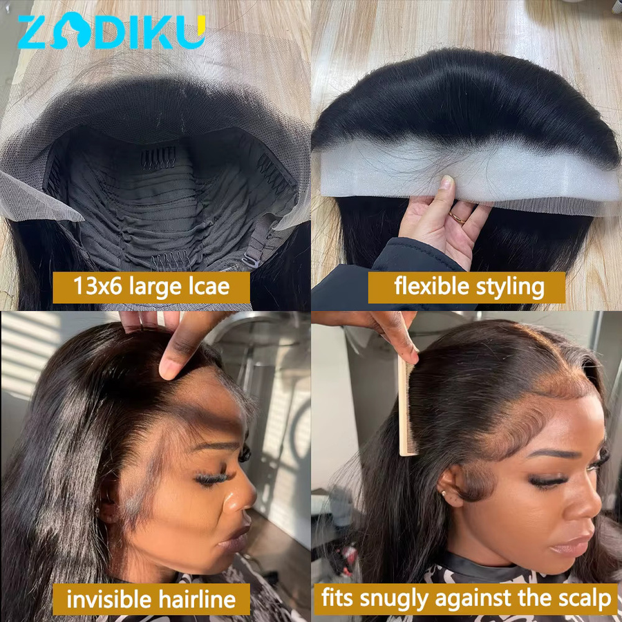ZIDIKU Echthaarperücke, Transparent Lace Front, Seidig Glatt, Naturschwarz - Bild 5