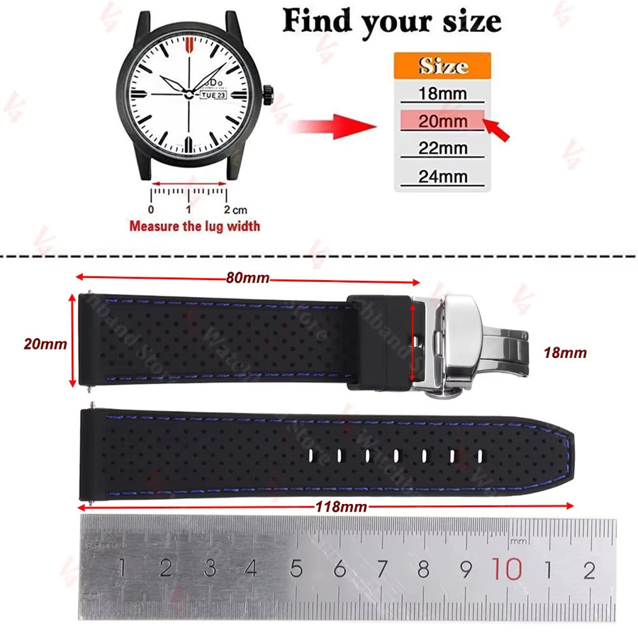 Uhrenarmband Silikon, Schwarz, Unisex, 20 mm, 22 mm - Bild 2