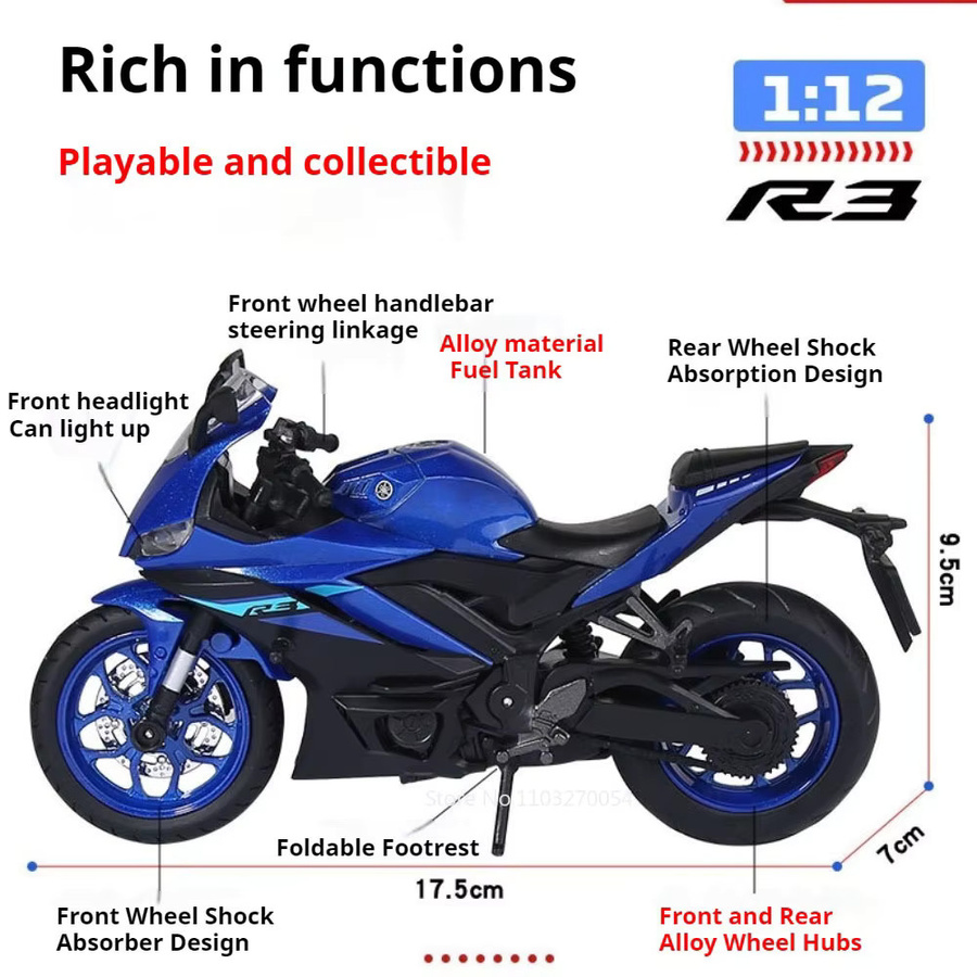 MAKEDA R3 R1 Legierung Motorrad Diecast Modell, 1:12, mit Licht und Lenkung - Bild 3