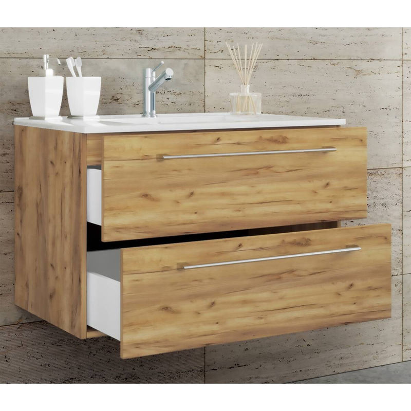 VCM Badinos 2-tlg. Badmöbel Set hängend mit Keramik-Waschbecken und Unterschrank in Weiss und Eiche, B/H/T: 80 x 52 x 46 cm - Bild 2